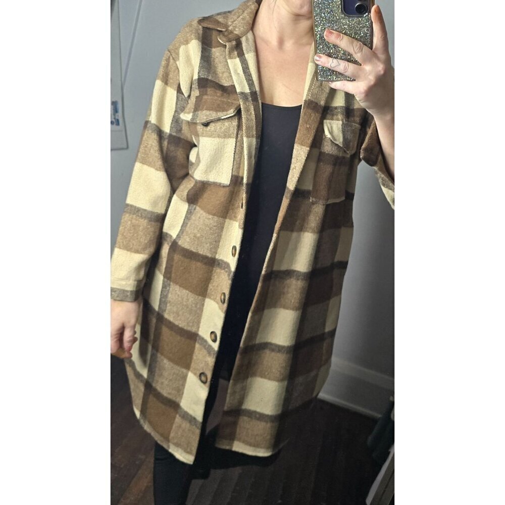 Brown plaid Flannel Shacket Long Fall Coat